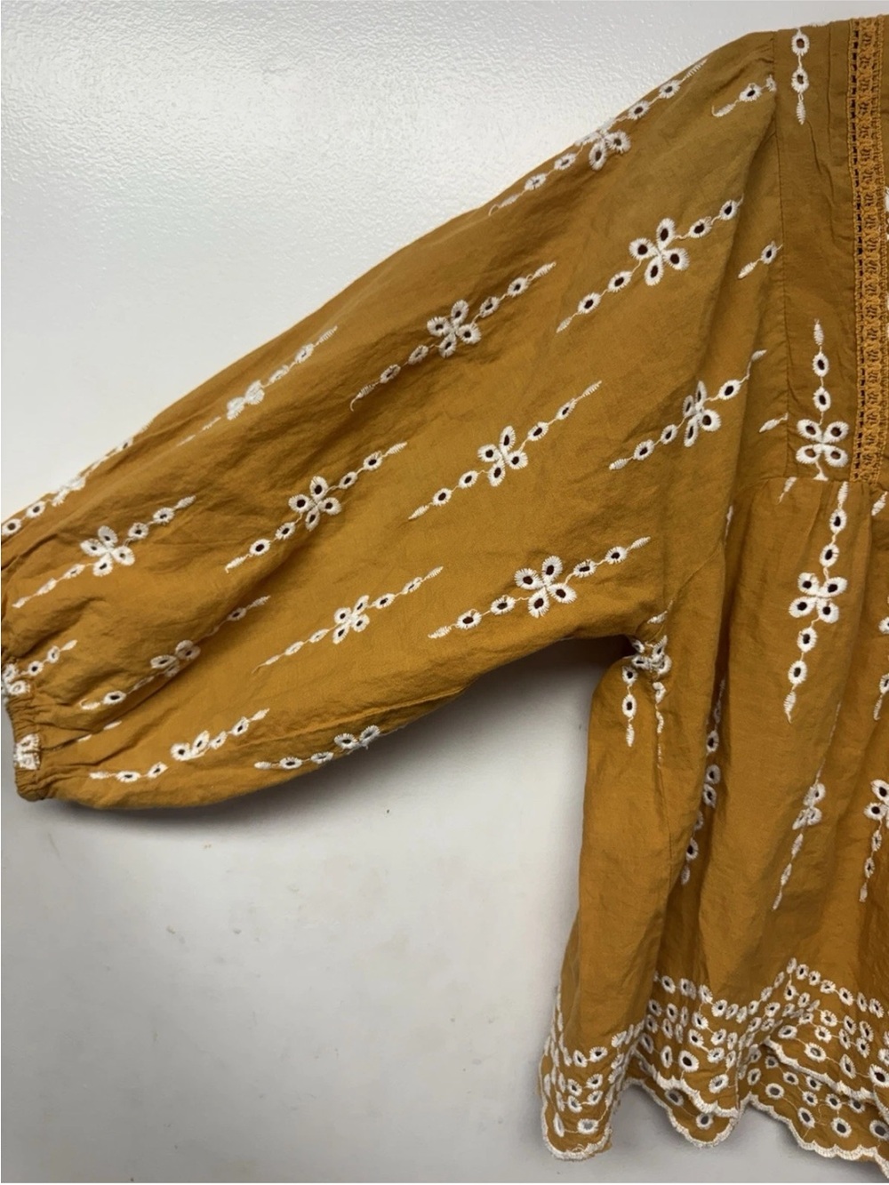 Rebellion Again Mustard Embroidered Eyelet Western Boho Peasant Blouse Medium C2 - Picture 5 of 10